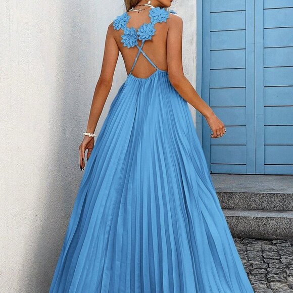 Blue Boho Women's Applique Decor Pleated Elegant Vacation Dress - Picture 2 of 6